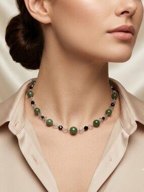 Hand-twisted Sterling Silver Wire Genuine BC Jade Beaded Choker Necklace 14" L
